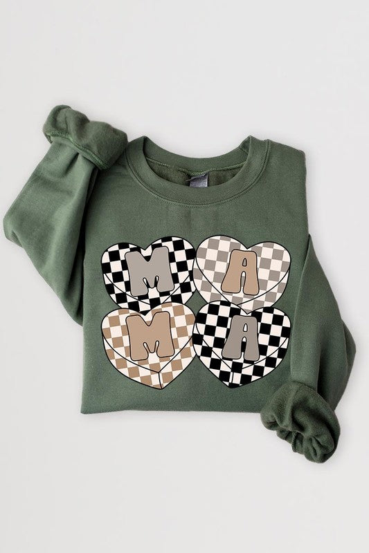 Mama Hearts Checker Graphic Fleece Sweatshirts