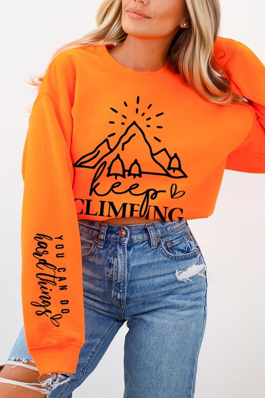 Climbing Faith Sleeve Graphic Fleece Sweatshirts