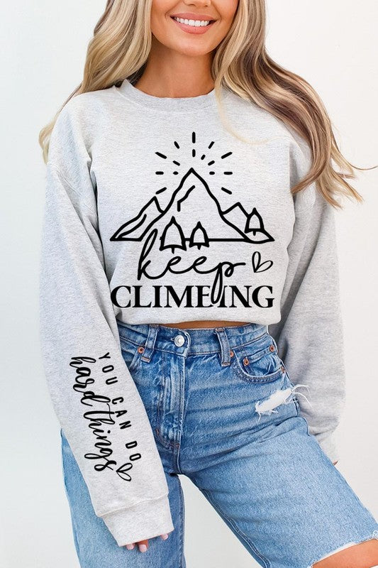 Climbing Faith Sleeve Graphic Fleece Sweatshirts