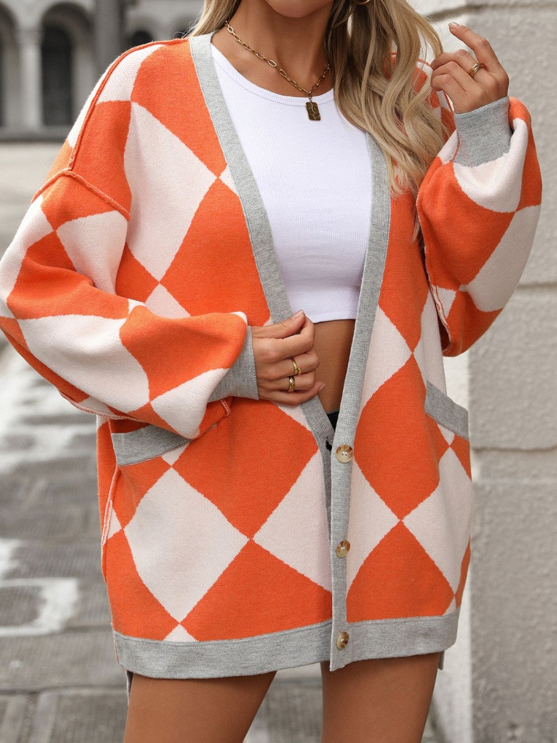 Checkered Dropped Shoulder Long Sleeve Cardigan