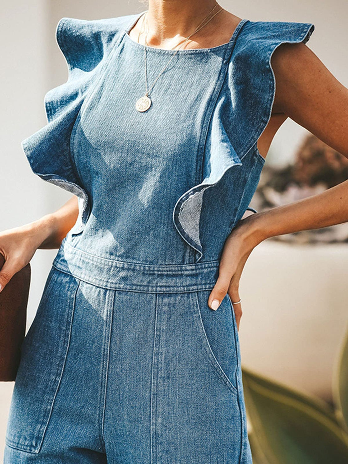 Ruffled Backless Sleeveless Denim Jumpsuit