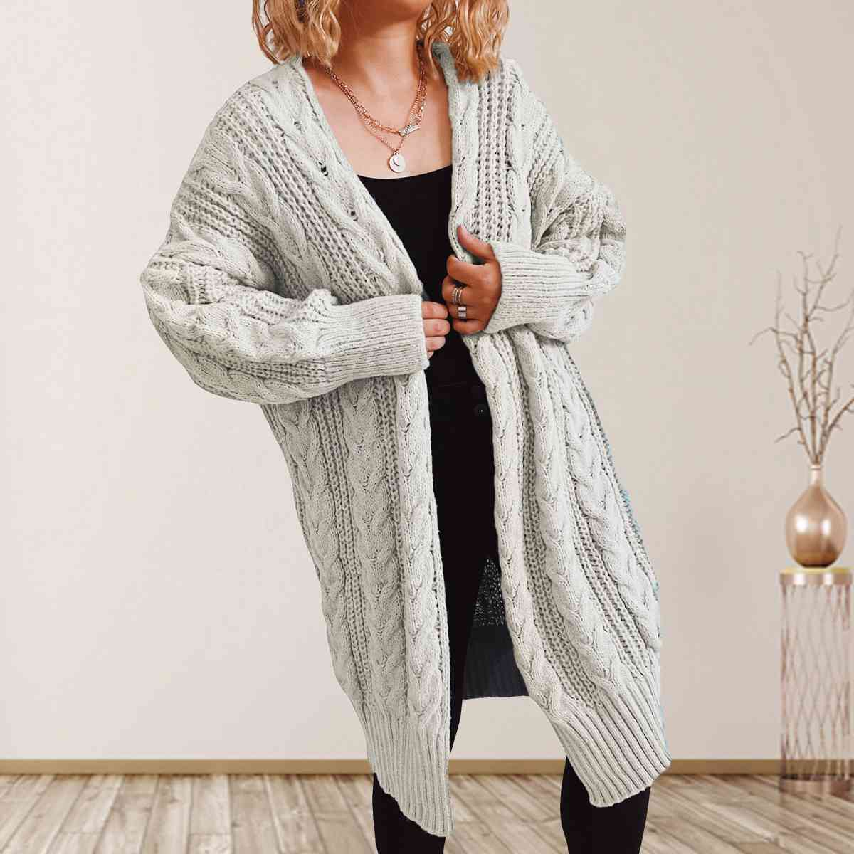 Cable-Knit Open Front Dropped Shoulder Cardigan