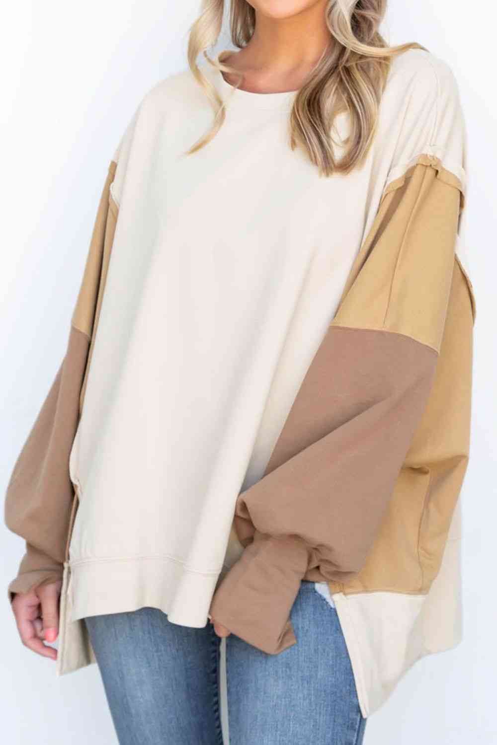 Color Block Exposed Seam Lantern Sleeve Sweatshirt