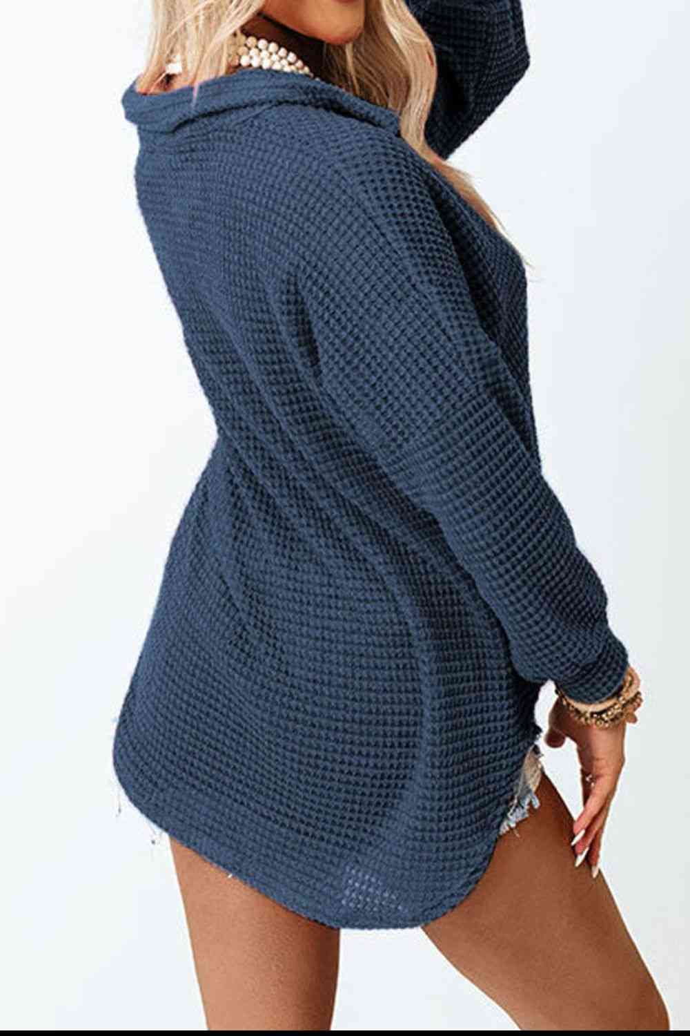 Waffle-Knit Button Up Long Sleeve Shirt with Pocket