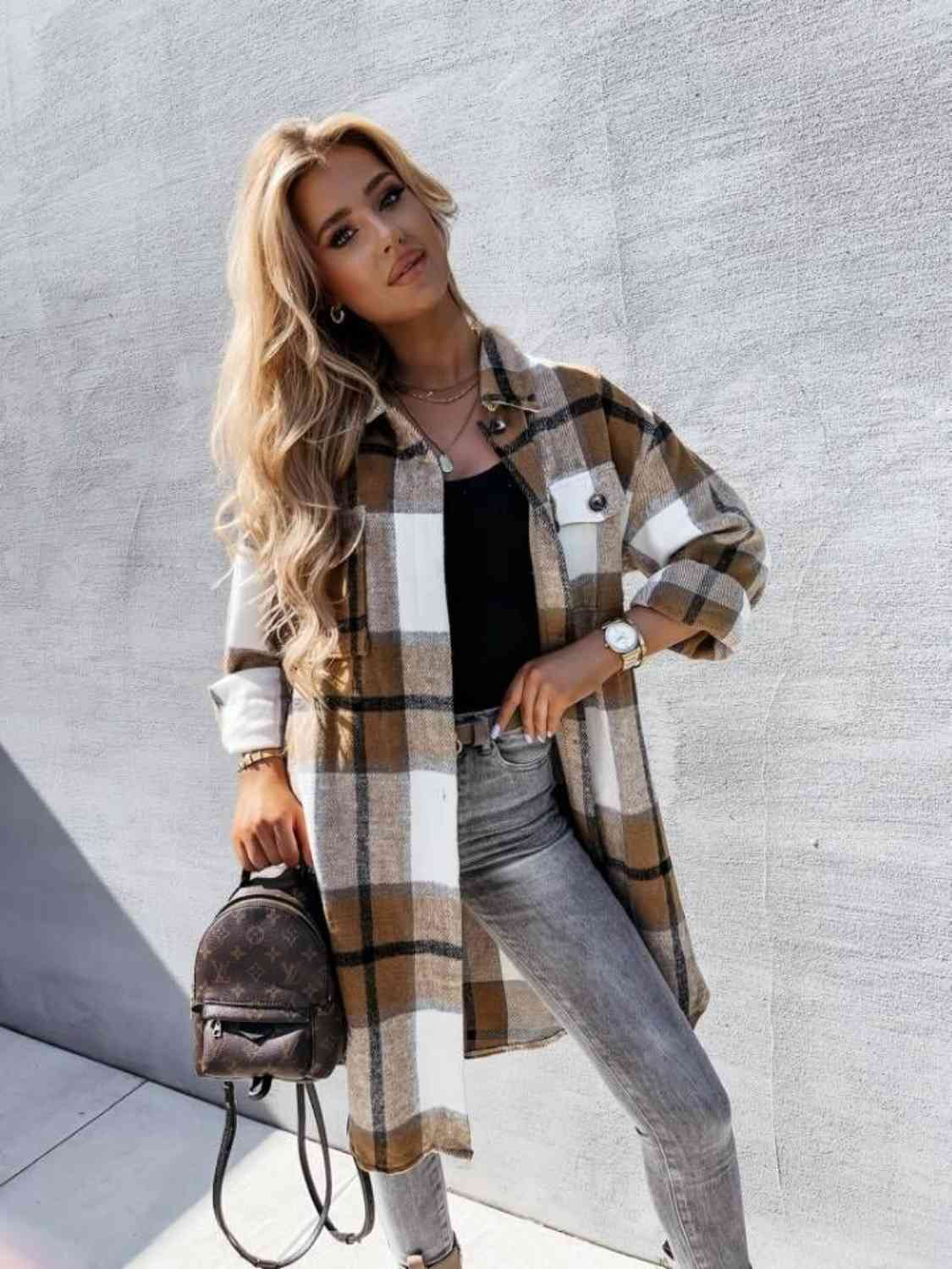 Plaid Collared Neck Longline Shirt