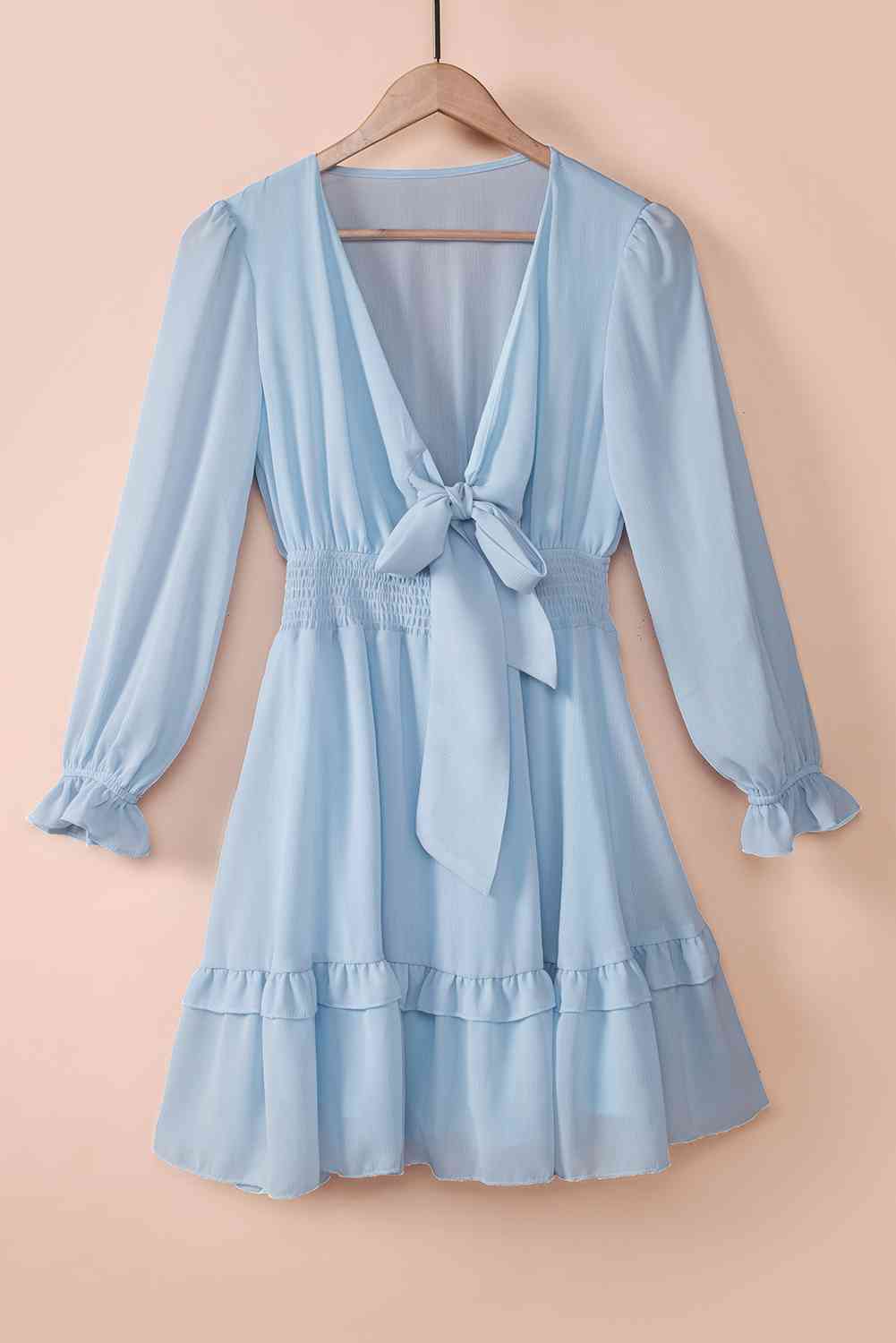 Tied Plunge Smocked Waist Flounce Sleeve Dress